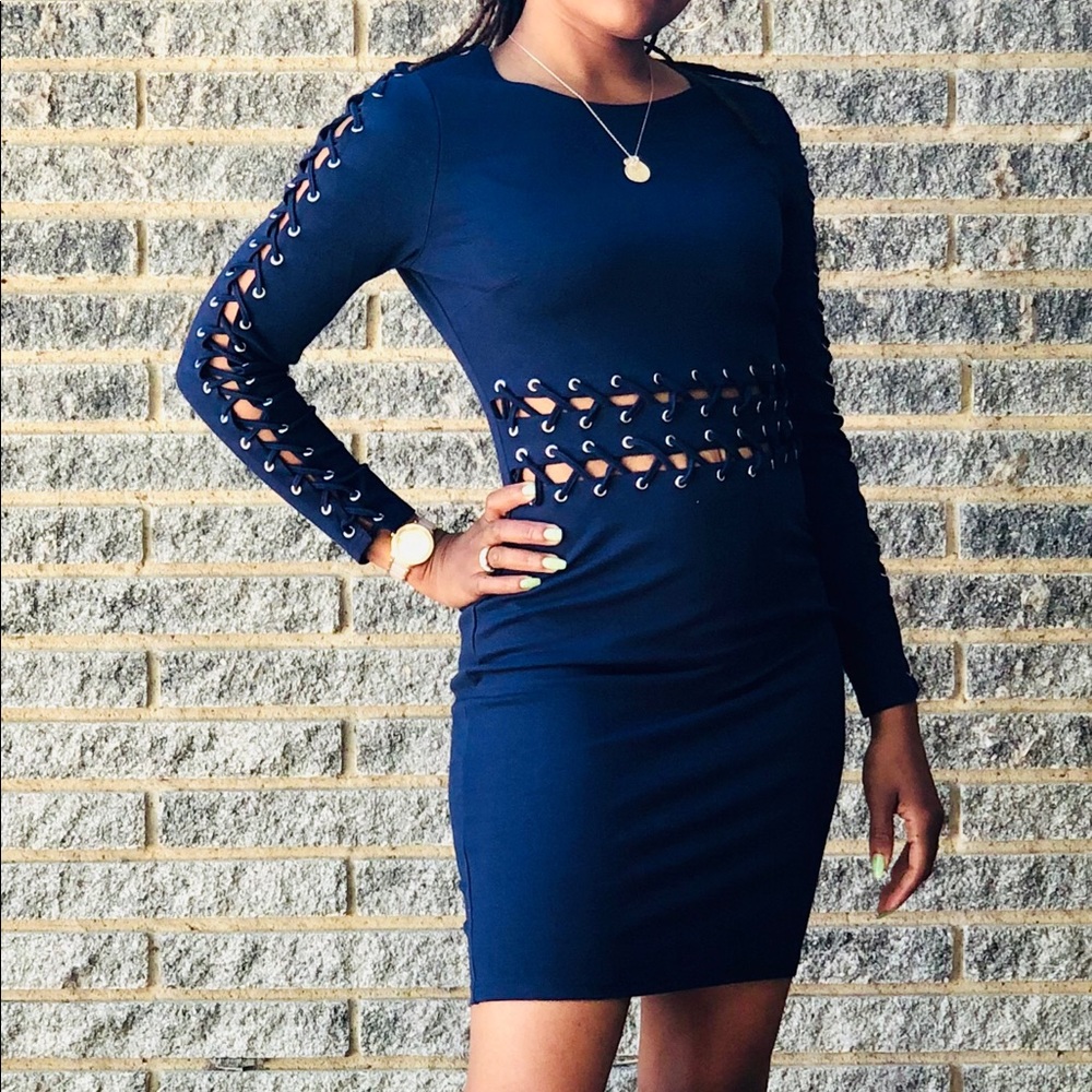 Navy blue “cross cross” stretch dress.